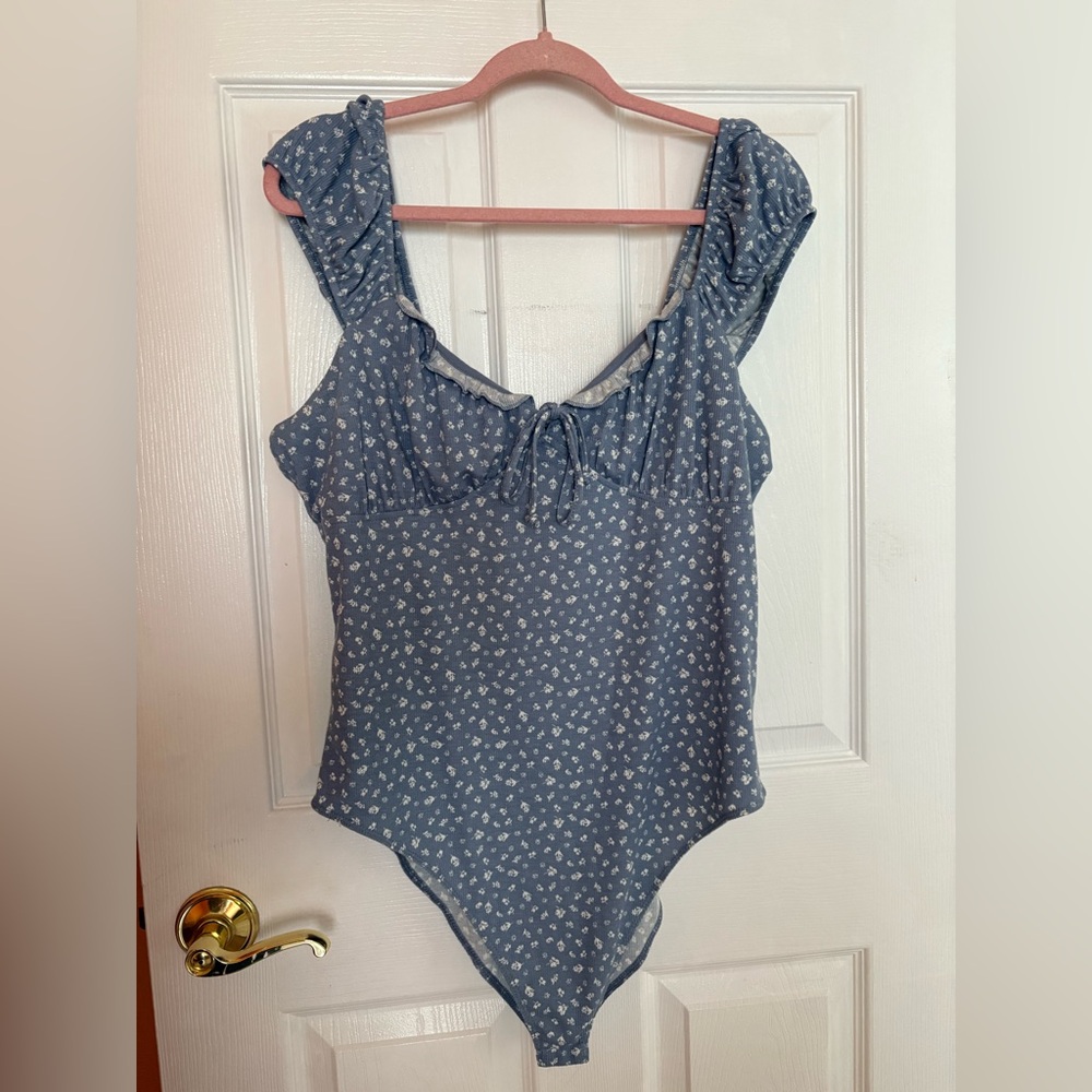 Wild Fable Blue Bodysuit with White Floral Pattern